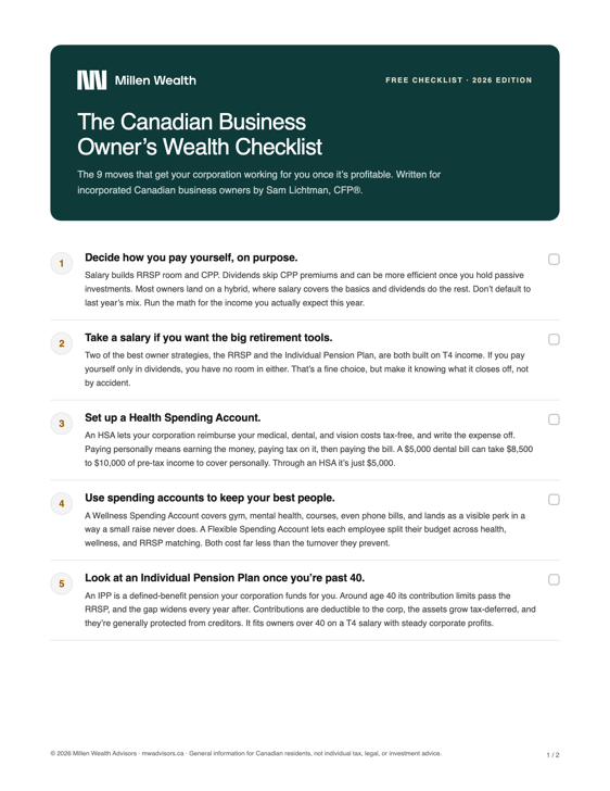 Canadian business owner's wealth checklist for financial planning.