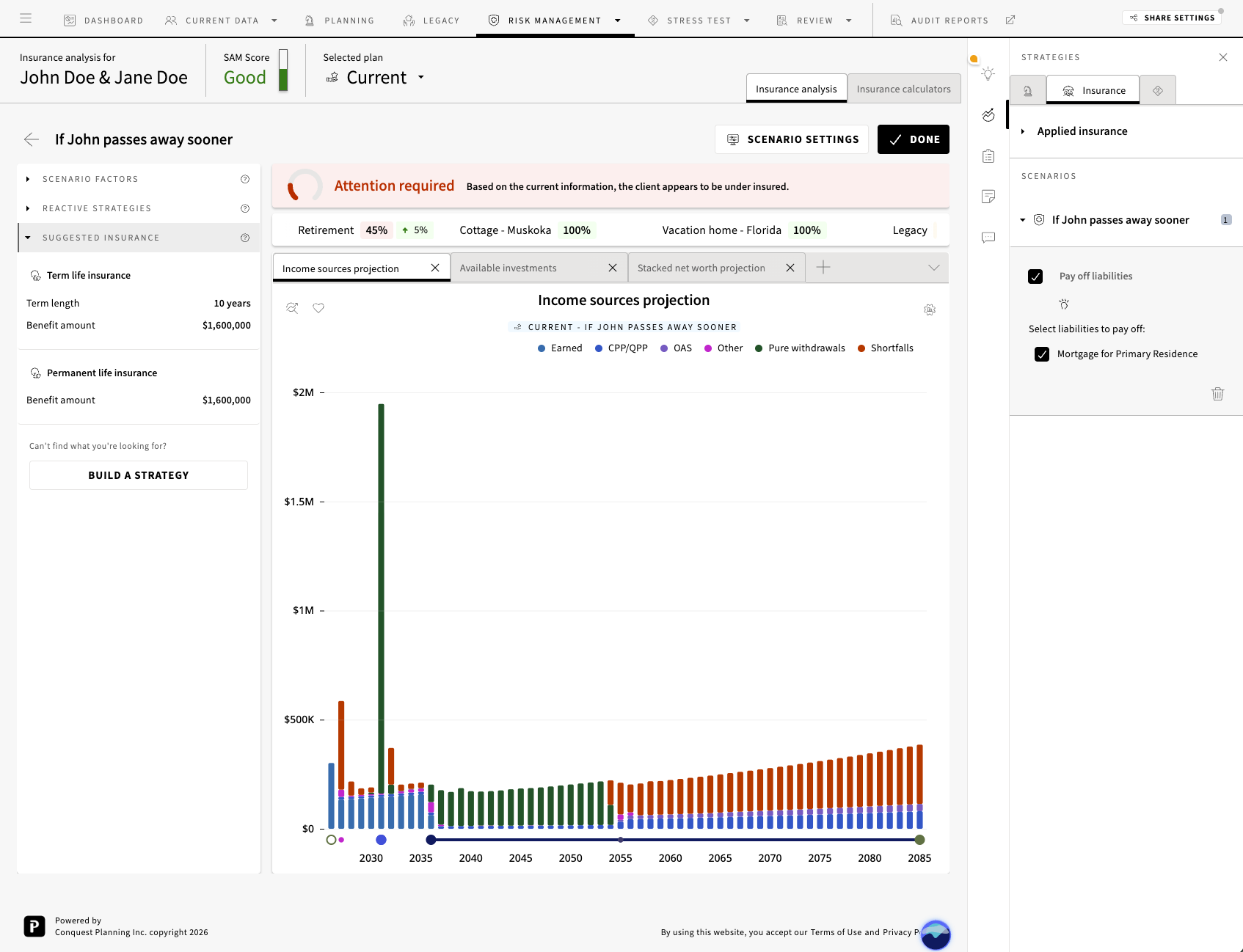 Conquest Planning risk management view showing the financial impact of disability and premature death scenarios.