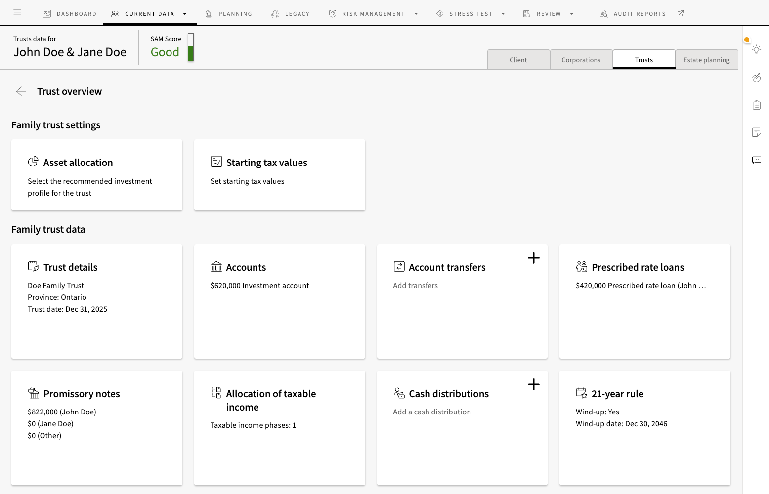 Conquest Planning trust view modelling a family trust structure within the financial plan.